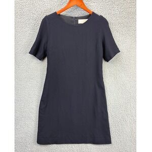 Goat Crepe Wool Short Sleeve Shift Dress Womens Size 6 Navy Blue Premium Luxury